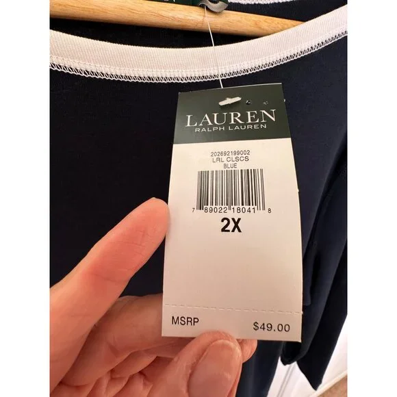 NEW Lauren Ralph Lauren Classics Navy Blue Boatneck Top Woman's Size 2X Nautical - Picture 7 of 10
